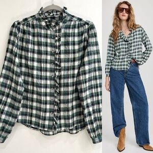 XIRENA nicholson shirt in green brook button up plaid ruffle trim XS